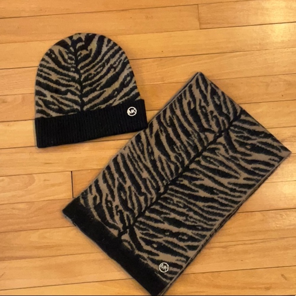 Michael Kors Zebra Print Hat and Scarf Set